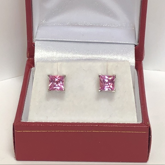 Real Solid 14K White Gold Princess Cut Pink Solitaire Gemstone Stud Earrings - Picture 12 of 12